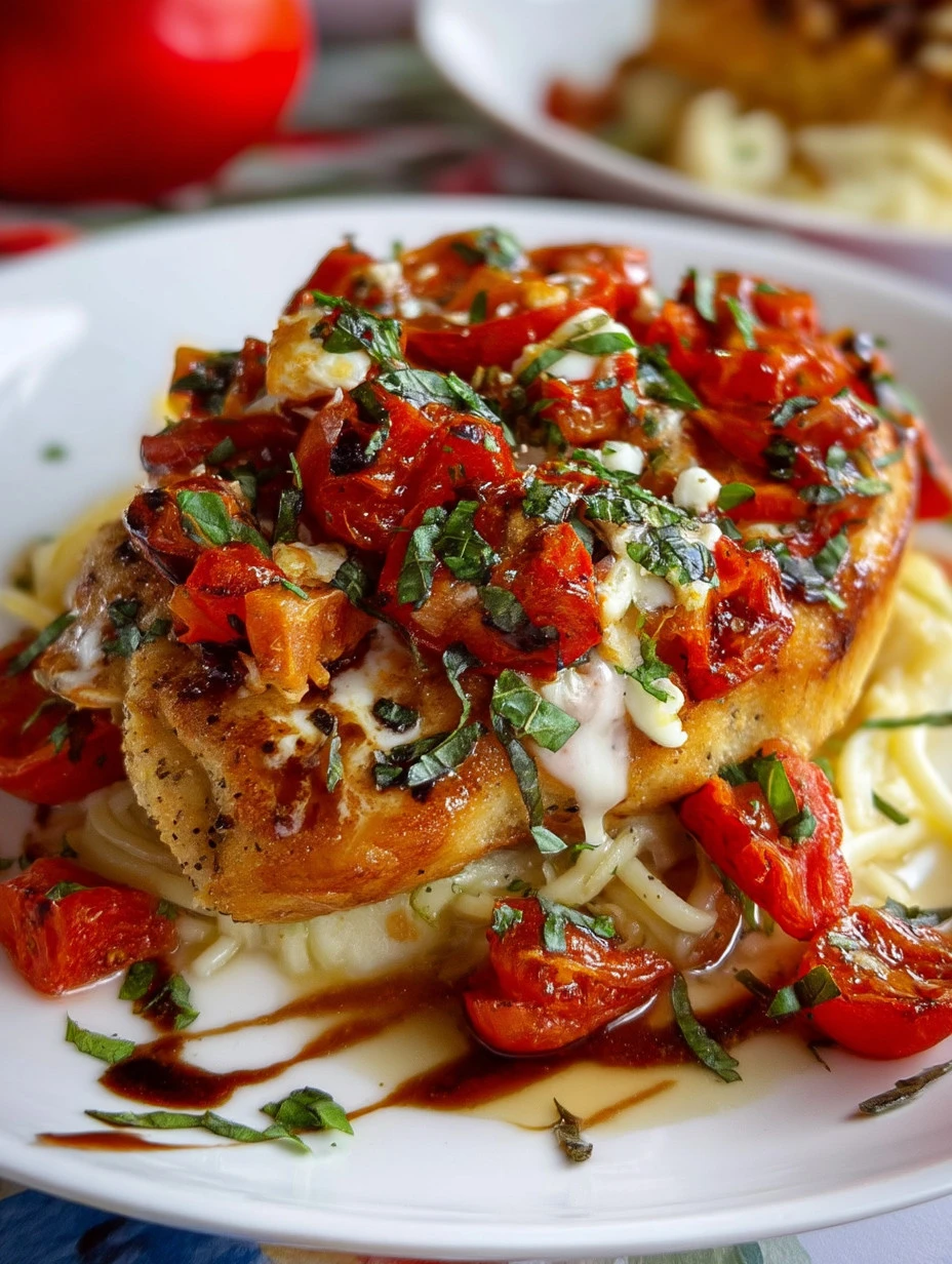 Succulent Bruschetta Chicken topped with fresh tomatoes and basil