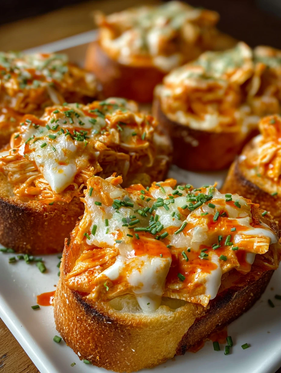 Buffalo chicken topped on crispy garlic bread, served as a delicious appetizer.