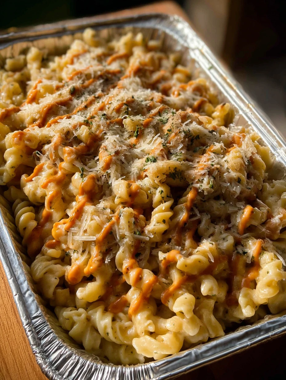 Buffalo Chicken Pasta Bake topped with cheese and green onions in a casserole dish.