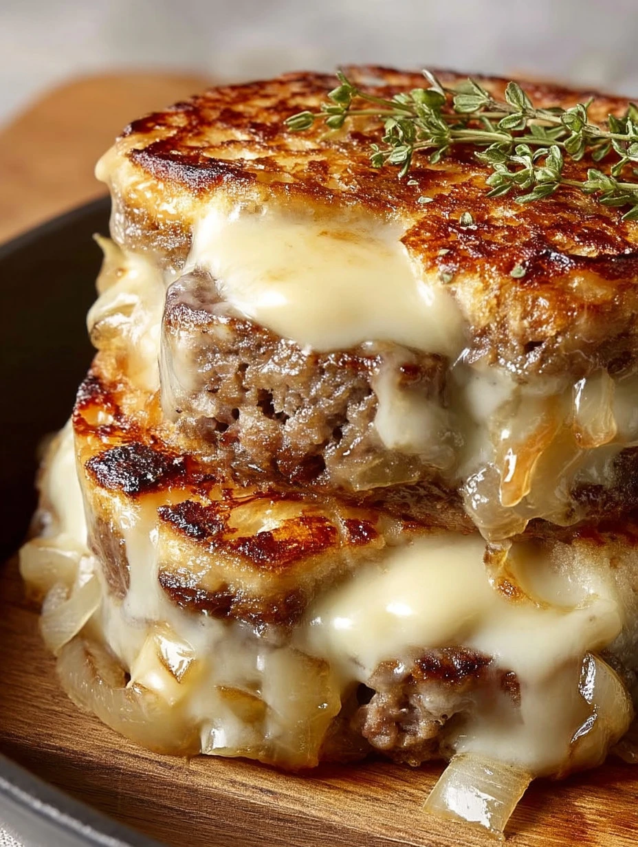 Bunless patty melts served on a plate with melted cheese and caramelized onions