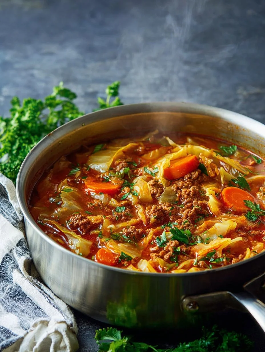 Bowl of delicious cabbage roll soup filled with cabbage, rice, and meat.