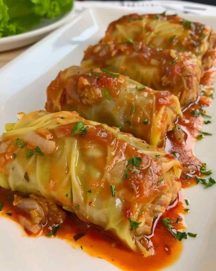 Plate of savory cabbage rolls filled with meat and rice, garnished with herbs.