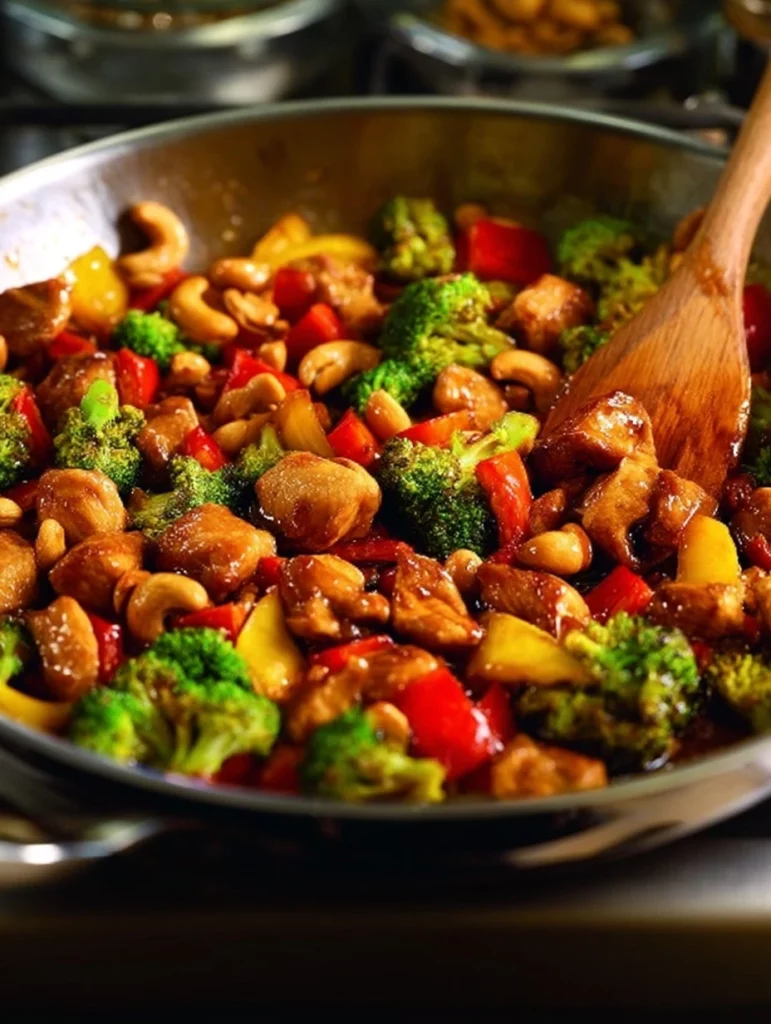 Delicious cashew chicken stir-fry with colorful vegetables and sauce.