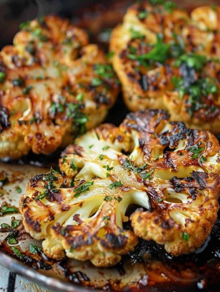 Grilled cauliflower steak served with fresh herbs and spices