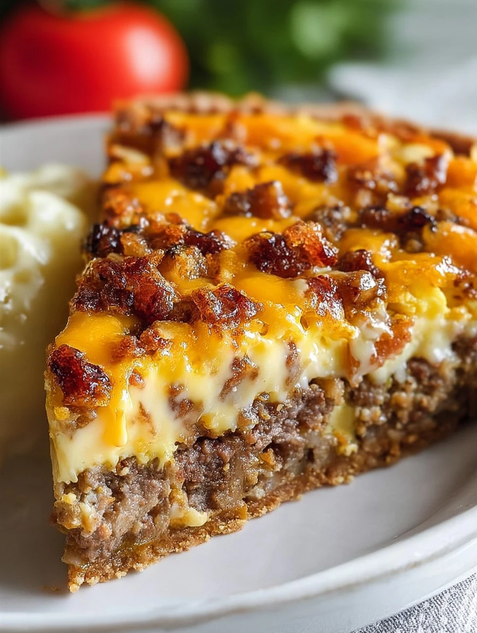 Delicious cheeseburger pie topped with melted cheese and herbs