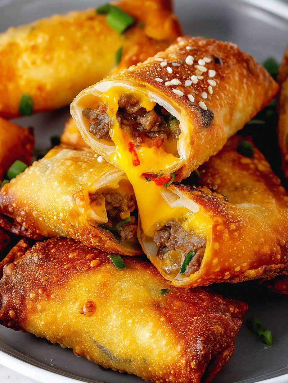 Delicious cheeseburger egg rolls cooked in an air fryer, golden and crispy.