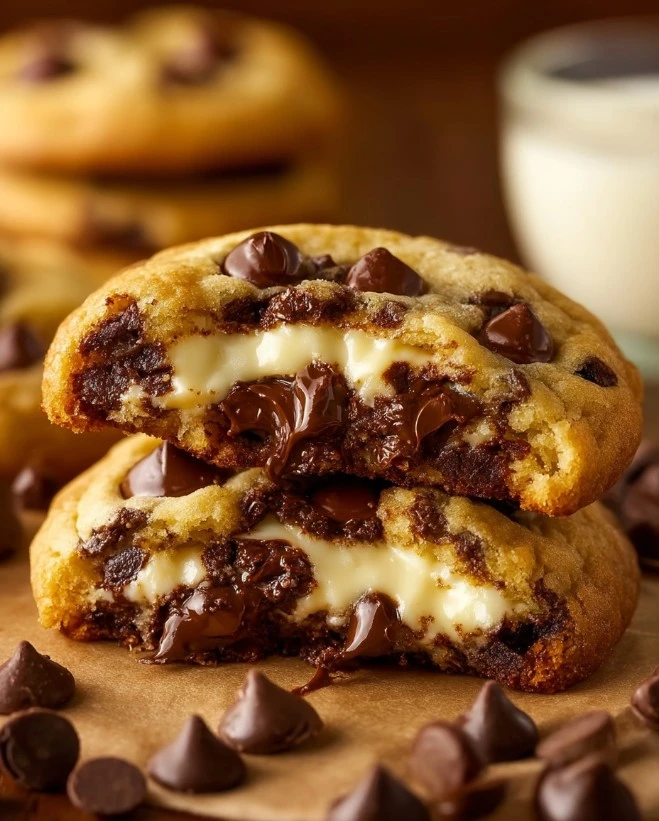 Cheesecake-filled chocolate chip cookies freshly baked on a cooling rack.