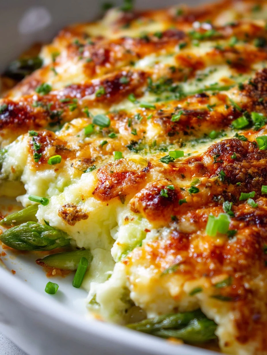 Cheesy baked asparagus dish garnished and ready to serve