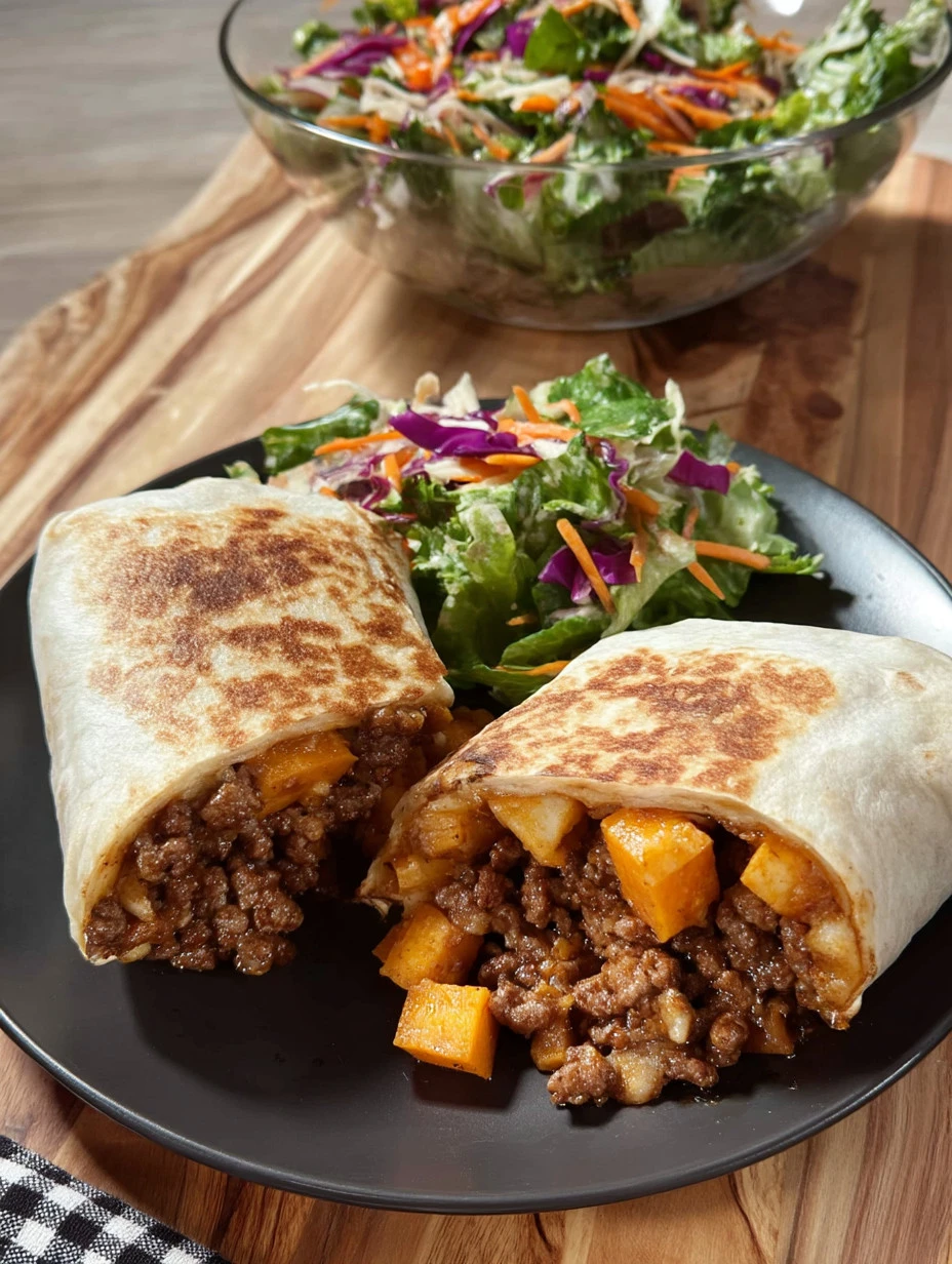 Cheesy beef and potato burritos ready to serve with melted cheese and fresh toppings.