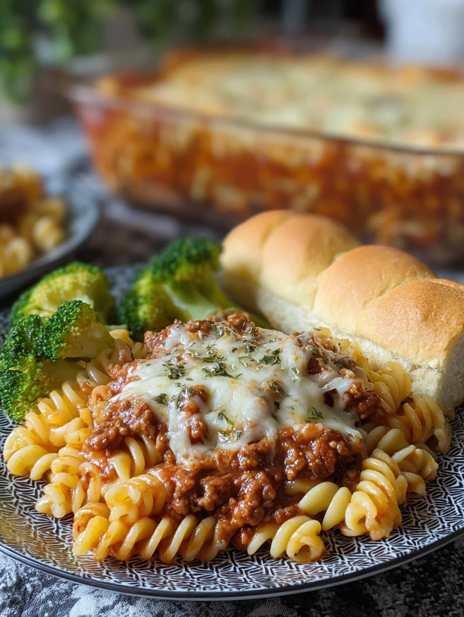 Cheesy Beef Pasta Bake in a baking dish, topped with melted cheese and herbs.