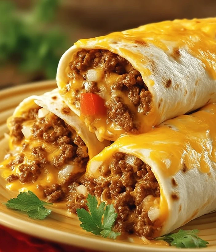 Cheesy beefy burritos with savory beef and melted cheese
