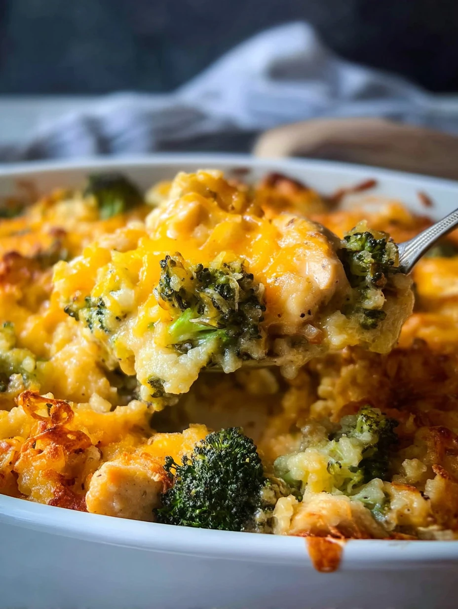 Cheesy Chicken Broccoli Casserole served in a baking dish with melted cheese on top