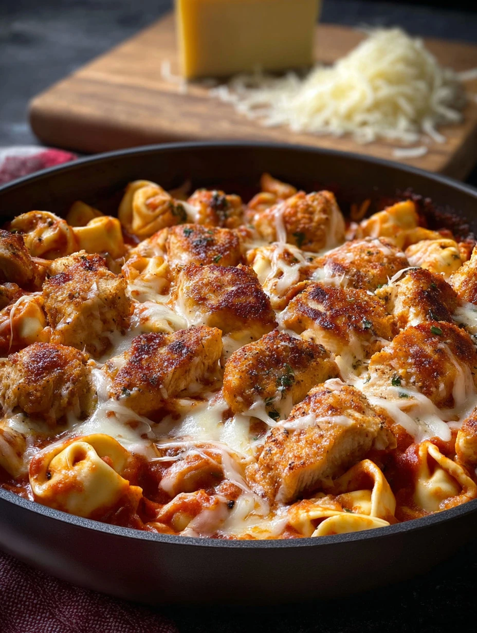 Plate of Cheesy Chicken Parmesan Tortellini garnished with herbs