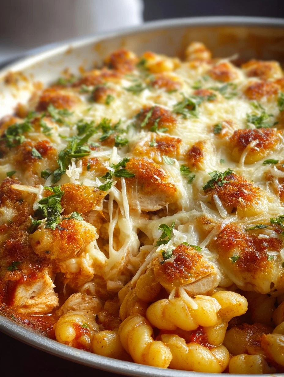 Cheesy Chicken Pasta Bake with melted cheese and chicken in a creamy sauce