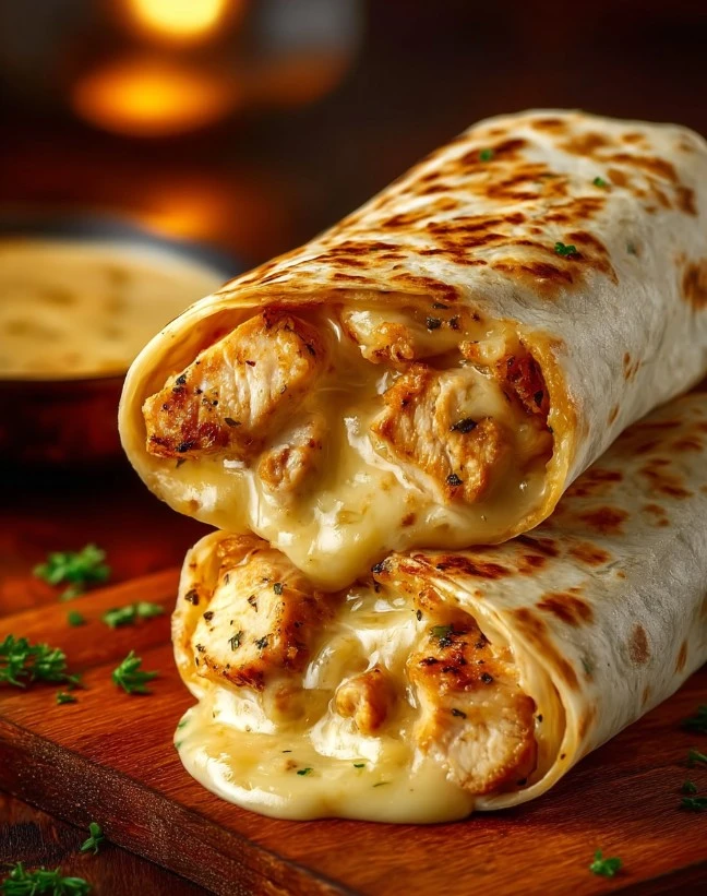 Delicious cheesy garlic chicken wraps on a plate