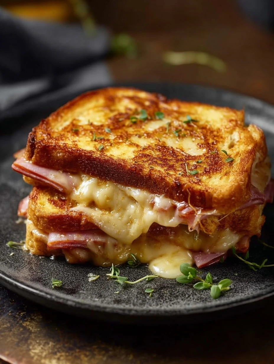 Delicious Cheesy Ham and Egg Toast plated with fresh herbs