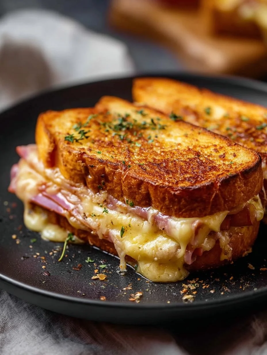 Cheesy ham and egg toast served on a plate with fresh herbs