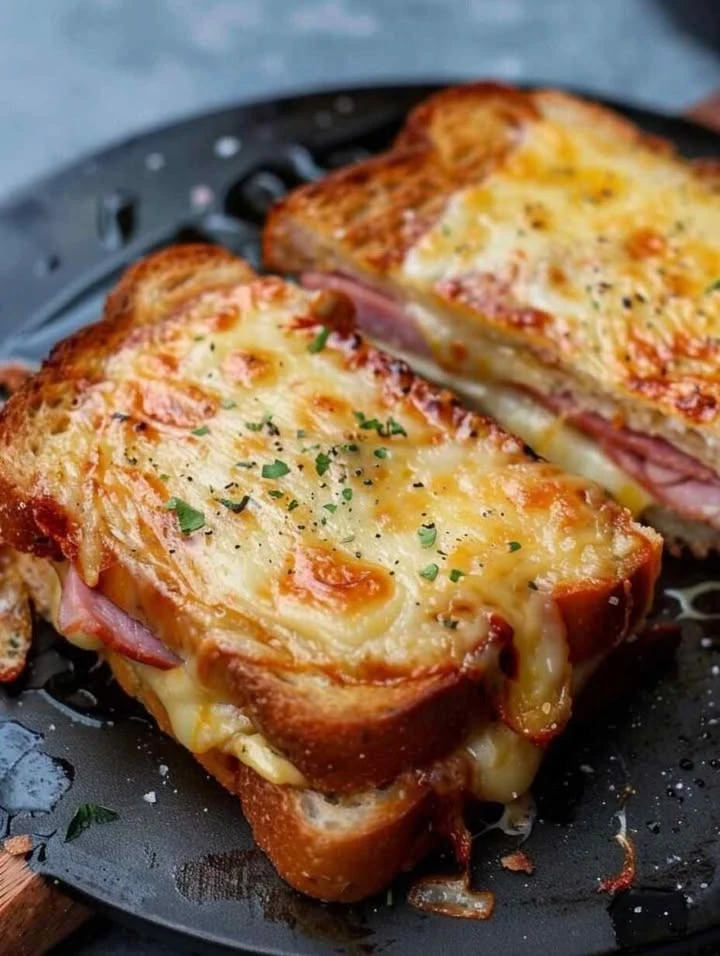 Cheesy Ham and Egg Toast topped with melted cheese and herbs on crispy bread