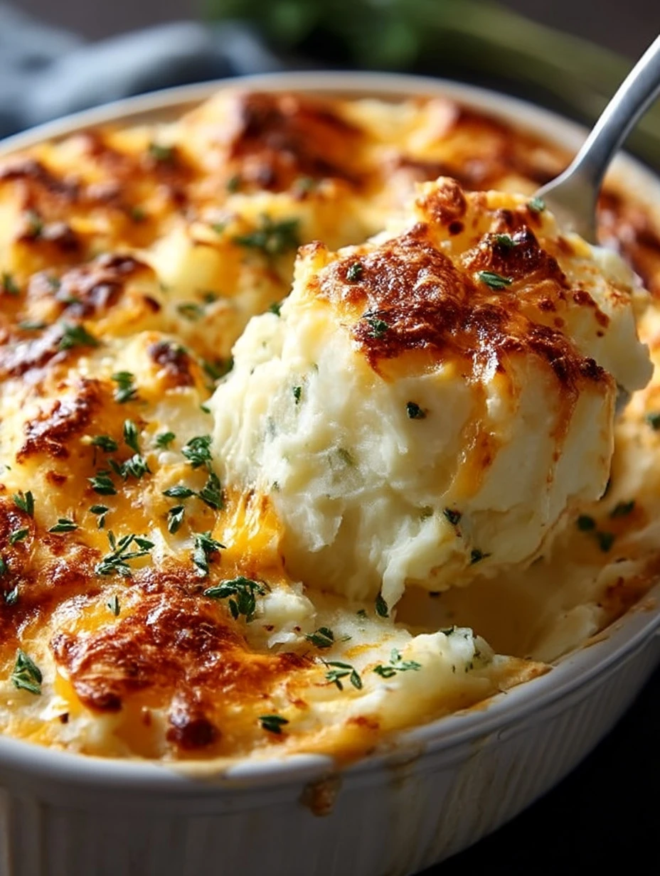 Cheesy mashed potato casserole topped with melted cheese and herbs