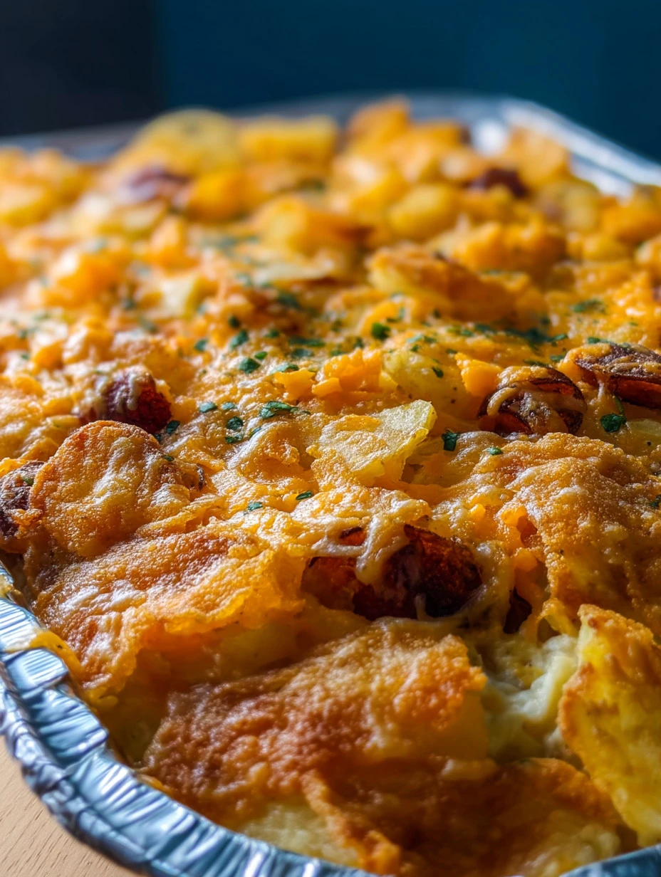 Cheesy party potato casserole baked to golden perfection, ideal for gatherings.