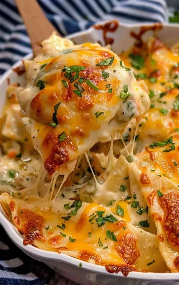 Cheesy Pierogi Casserole baked and garnished, showcasing a comforting dish.
