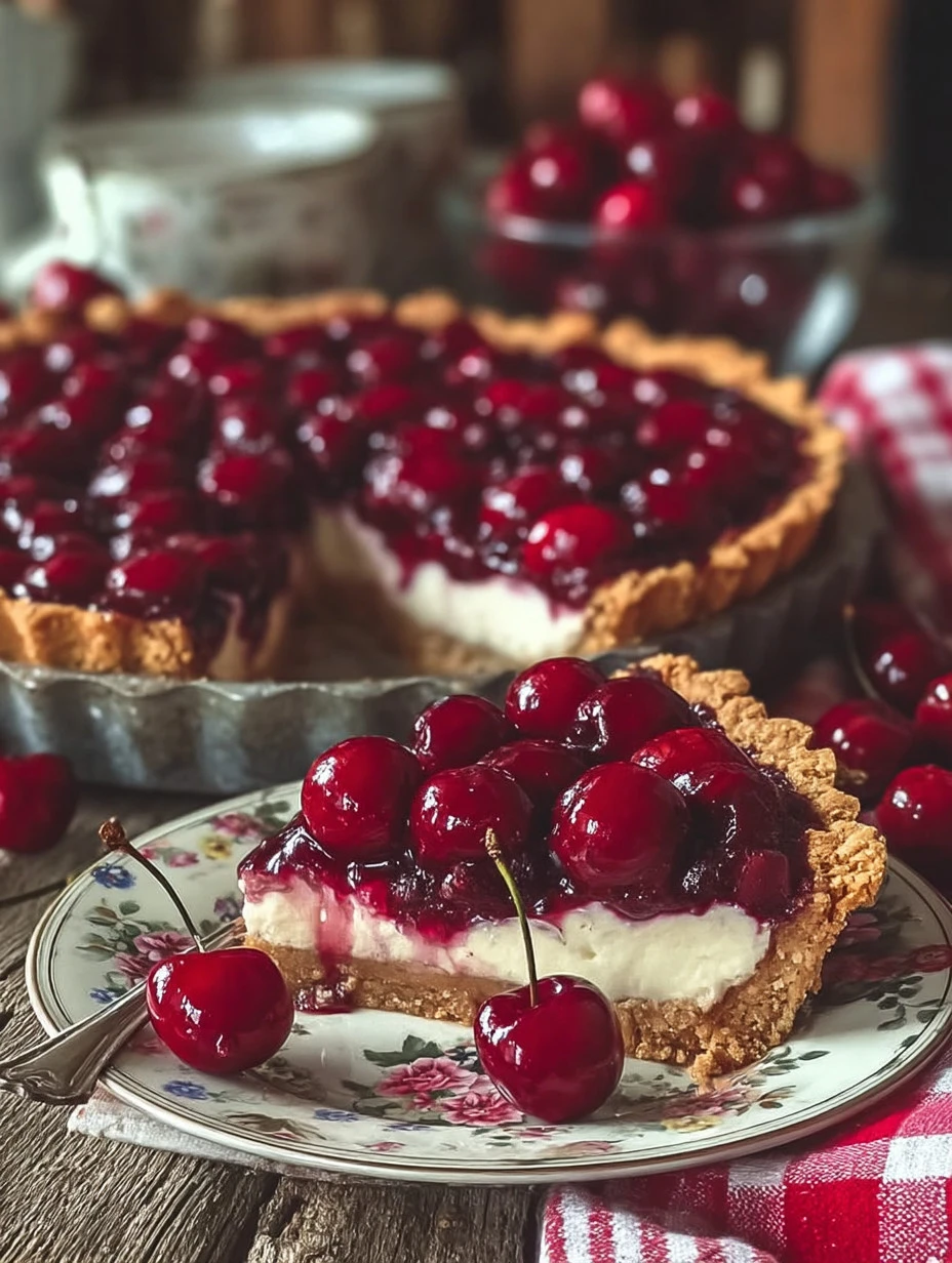 Delicious homemade Cherry Cheesecake topped with fresh cherries