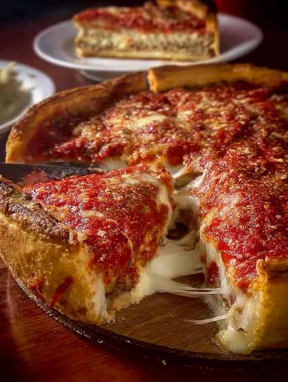 Delicious Chicago Deep Dish Pizza with layers of cheese and toppings