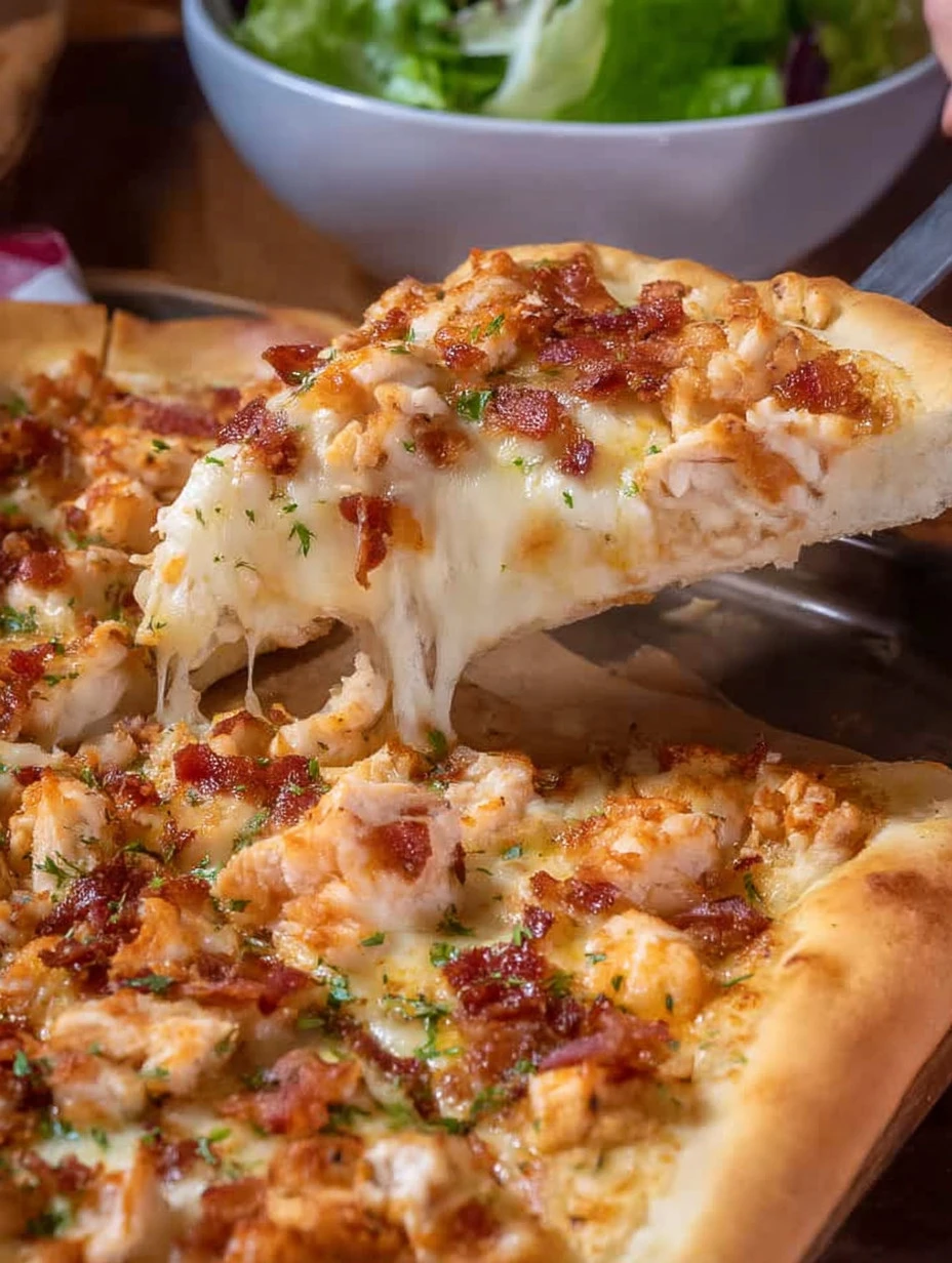 Delicious Chicken Alfredo Pizza topped with creamy sauce and chicken.