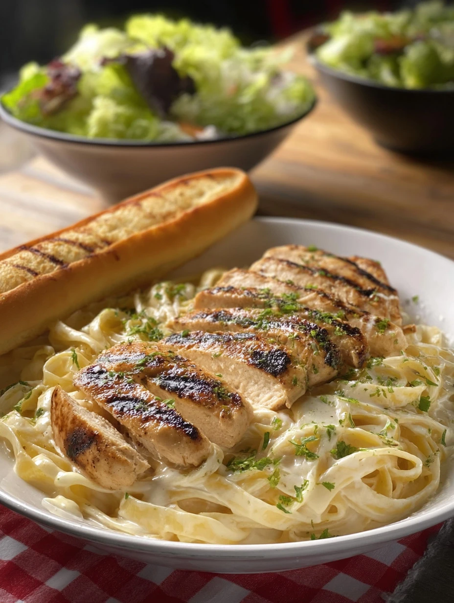Delicious Chicken Alfredo with fettuccini pasta served in a creamy sauce