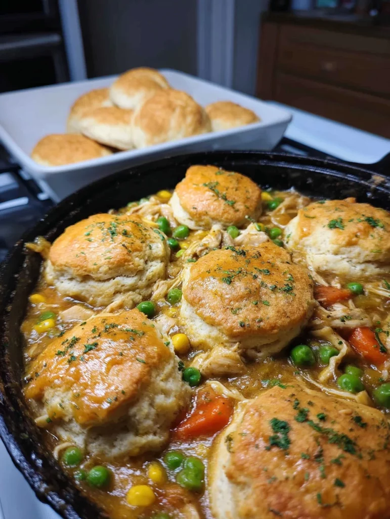Savory Chicken Biscuit Casserole topped with flaky biscuits.