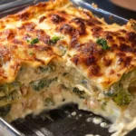Delicious chicken and broccoli lasagna served with melted cheese.