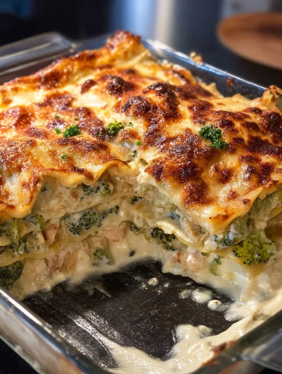 Delicious chicken and broccoli lasagna served with melted cheese.