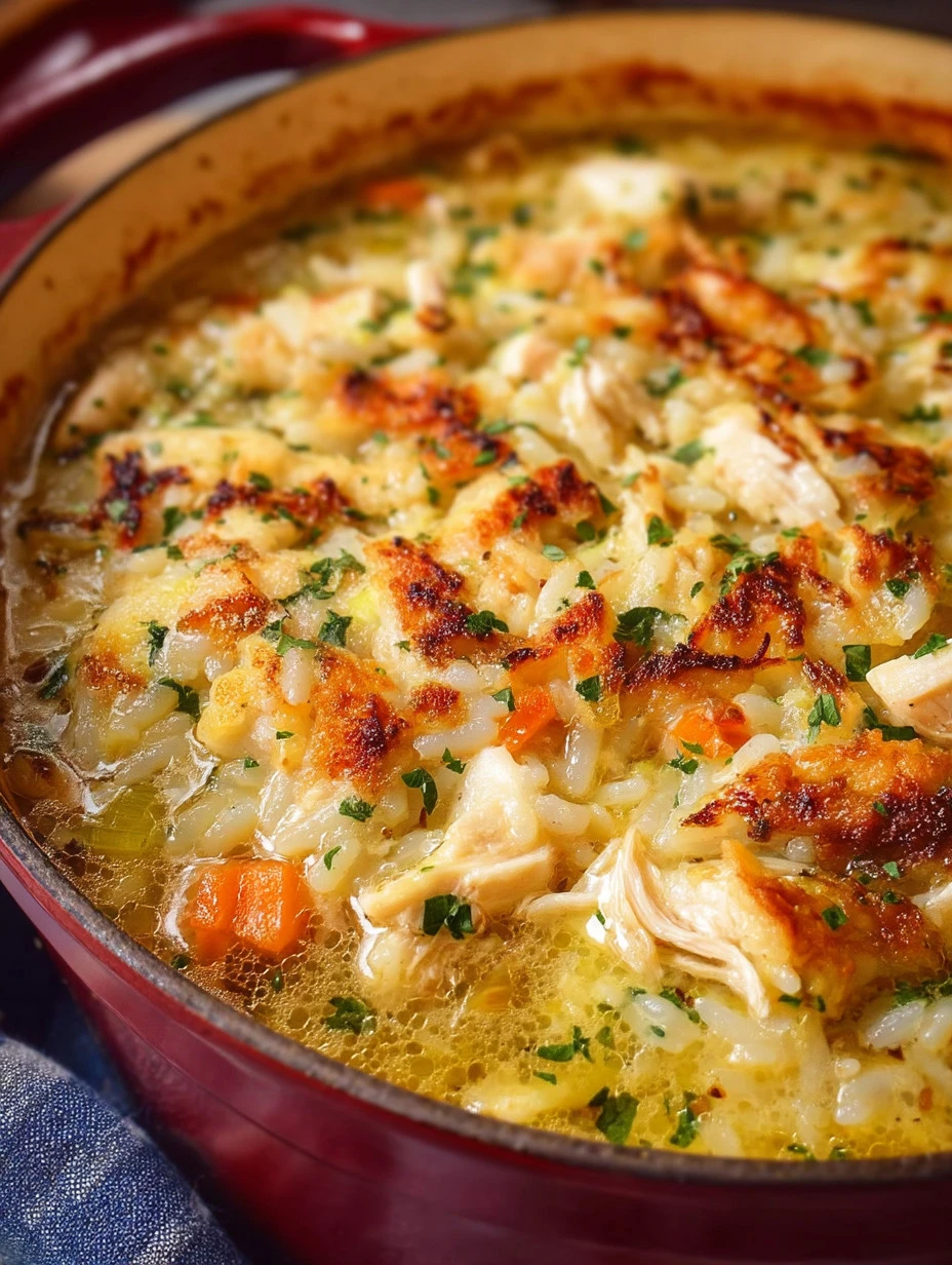 Bowl of homemade Chicken Rice Soup with fresh herbs and vegetables