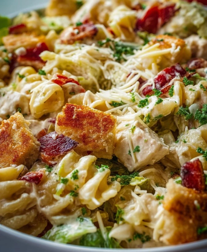 Delicious Chicken Caesar Pasta Salad with romaine lettuce and creamy dressing