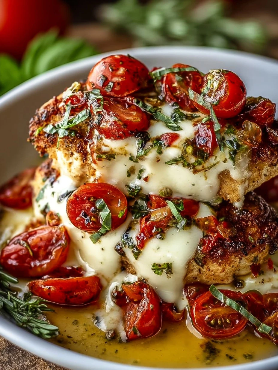 Delicious Chicken Caprese with fresh mozzarella, basil, and tomatoes