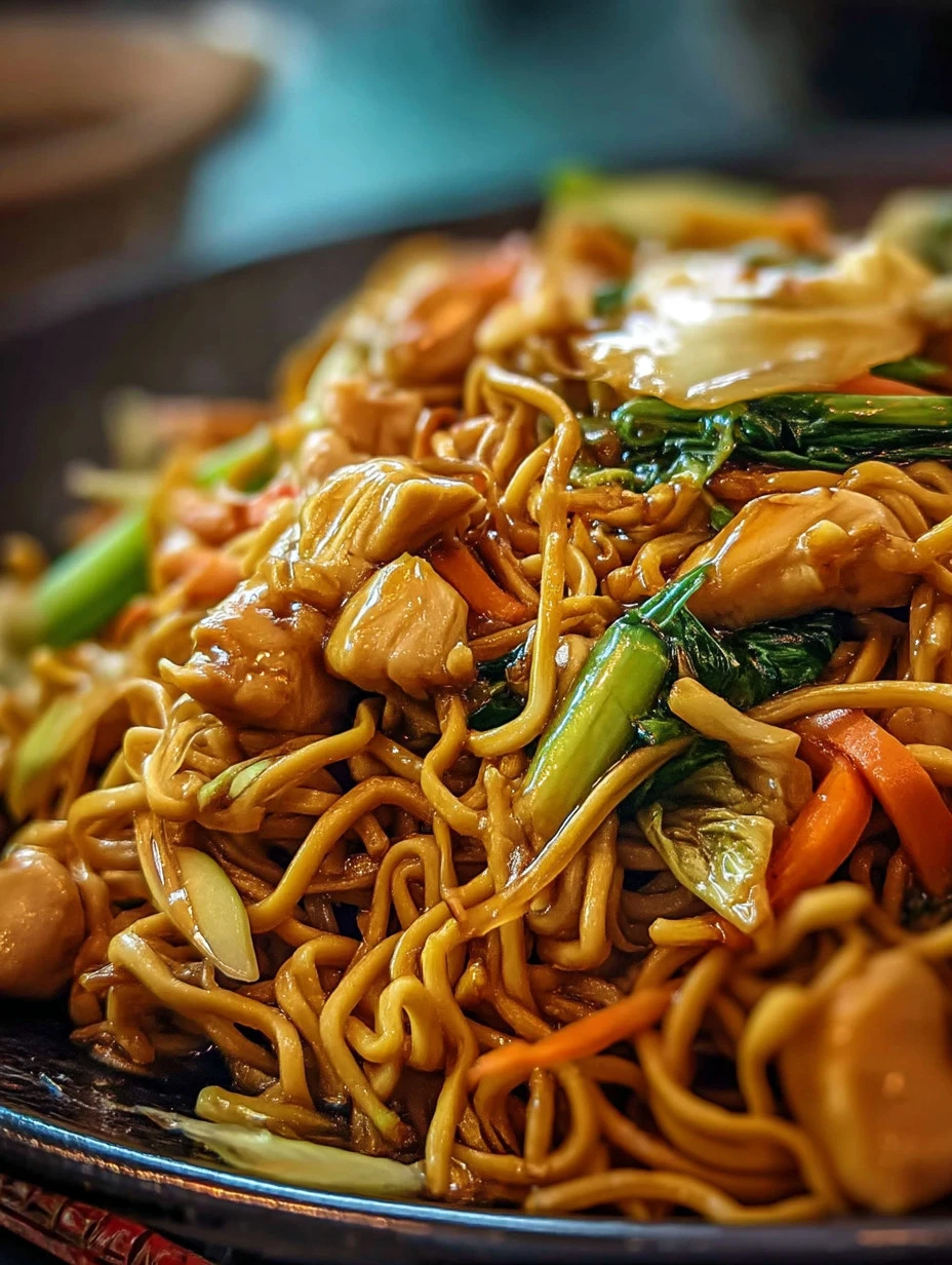 Delicious Chicken Chow Mein served in a bowl with colorful vegetables.