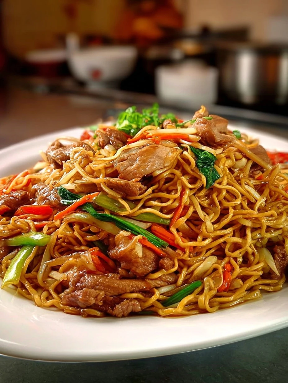 Delicious plate of Chicken Chow Mein with tender chicken and fresh vegetables