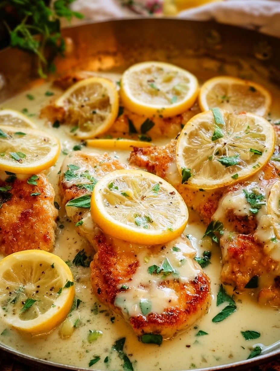 Plate of Chicken Francese with lemon sauce and parsley garnish