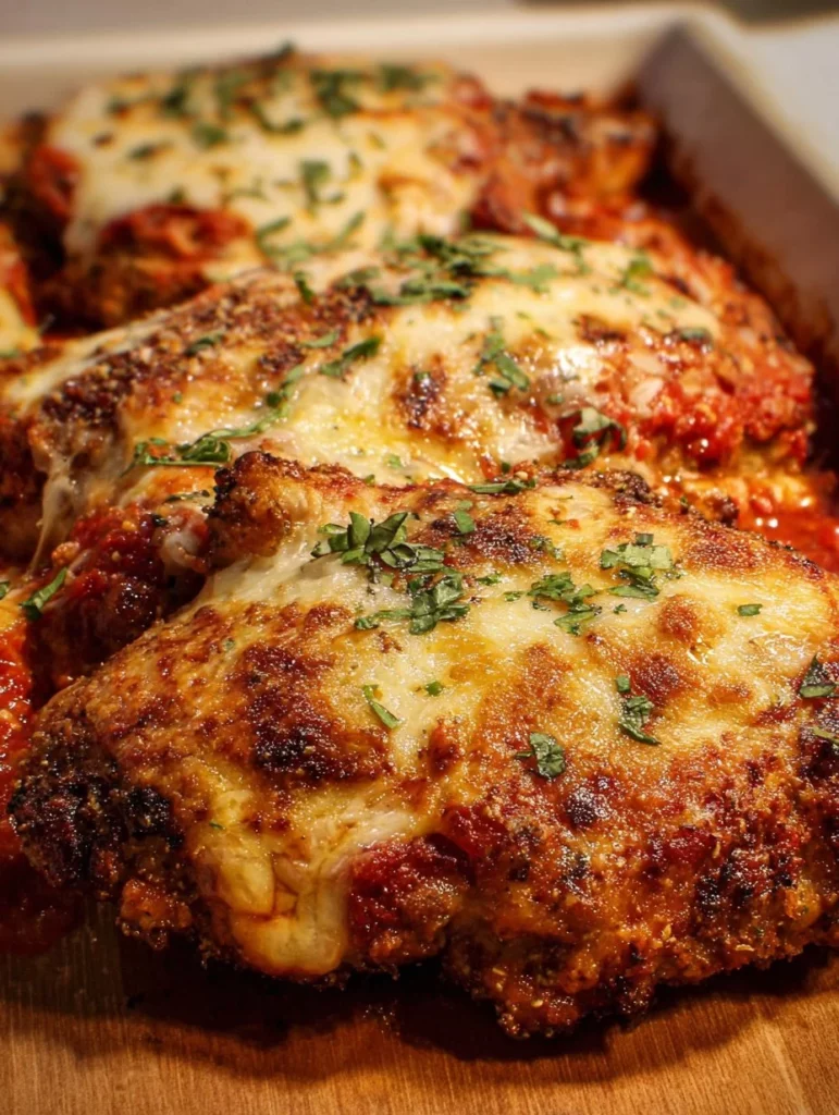 Delicious Chicken Parmesan with crispy chicken, marinara sauce, and melted cheese
