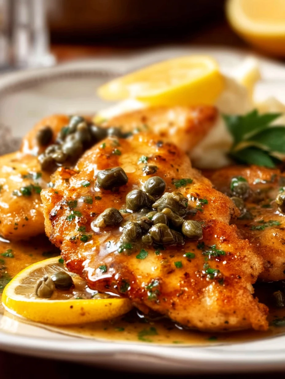 Plate of chicken piccata with lemon slices and capers on a white background