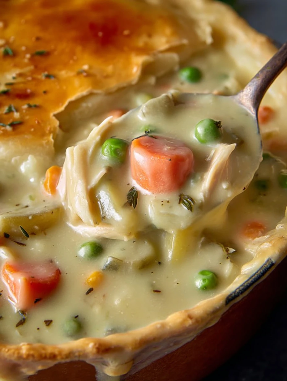 Delicious bowl of Chicken Pot Pie Soup with vegetables and flaky crust