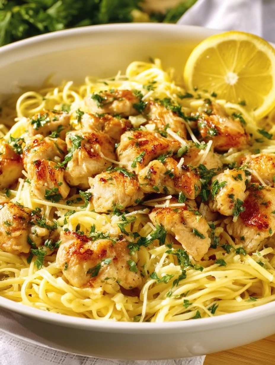 Plate of Chicken Scampi with garlic, herbs, and pasta