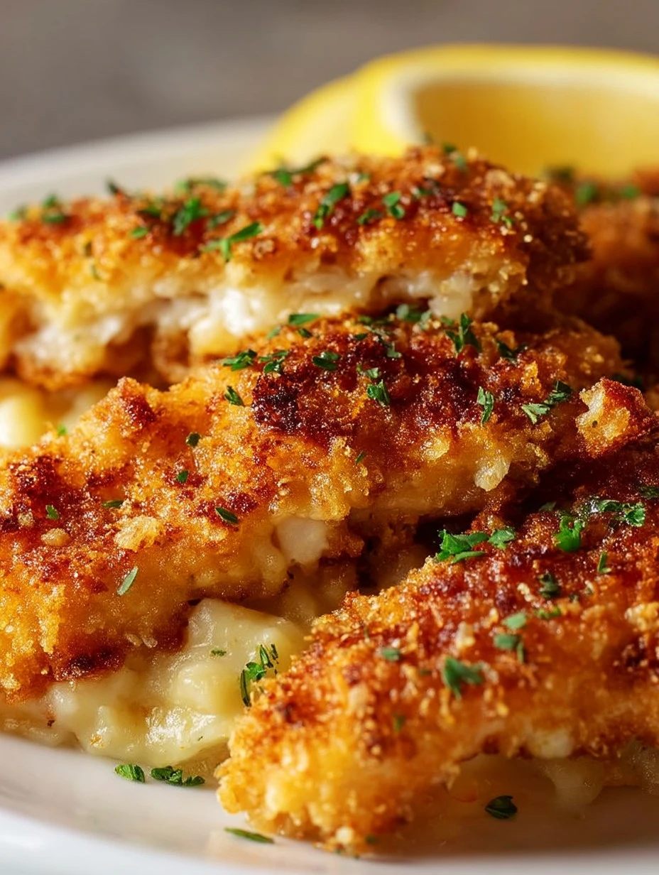 Golden crispy Chicken Schnitzel served with lemon and herbs