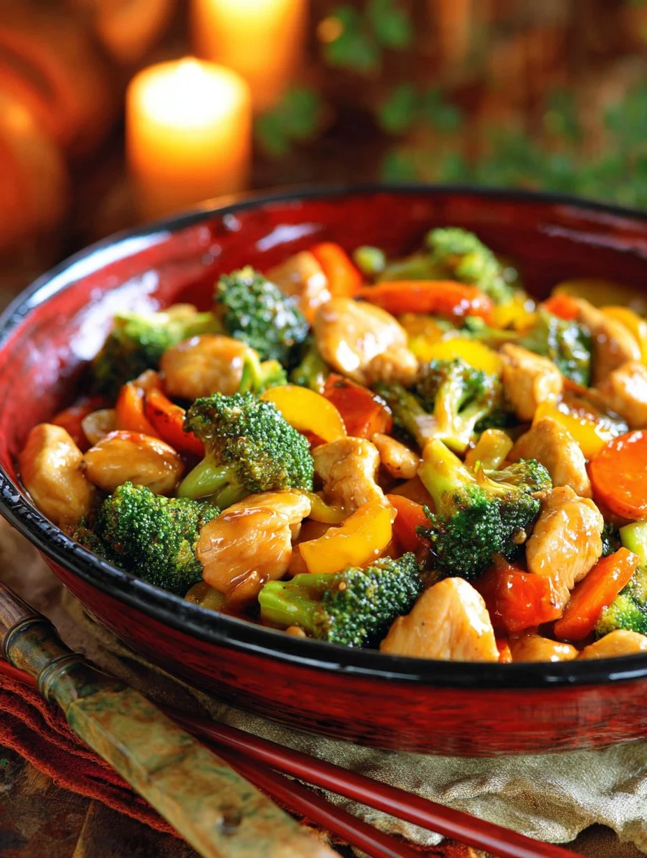 Colorful Chicken Stir Fry with vegetables in a skillet