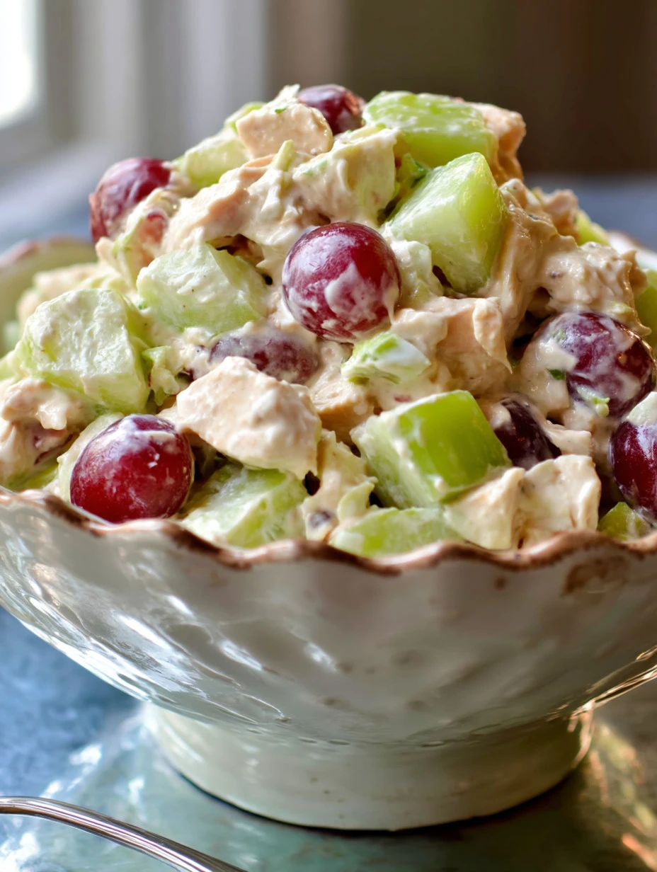 Delicious Chicken Waldorf Salad with apples, grapes, and walnuts served in a bowl