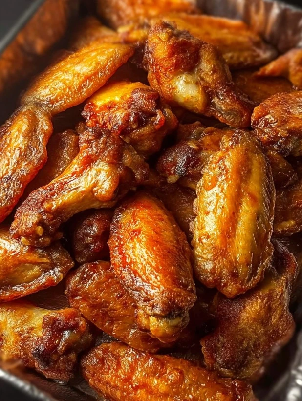 Golden brown chicken wings cooked in an air fryer