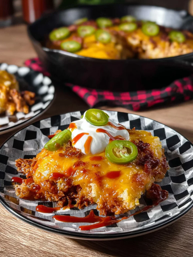 Chili Rice Skillet Meal garnished with fresh herbs in a cast-iron pan