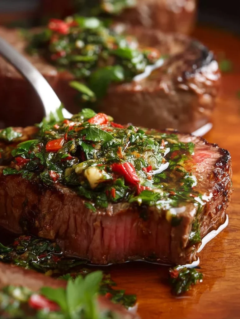 Delicious chimichurri steak served with fresh herbs and a flavorful sauce.