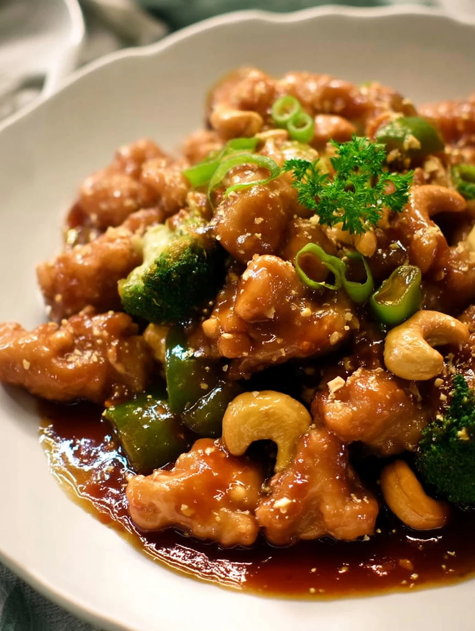 Plate of Chinese Cashew Chicken with cashews and colorful vegetables