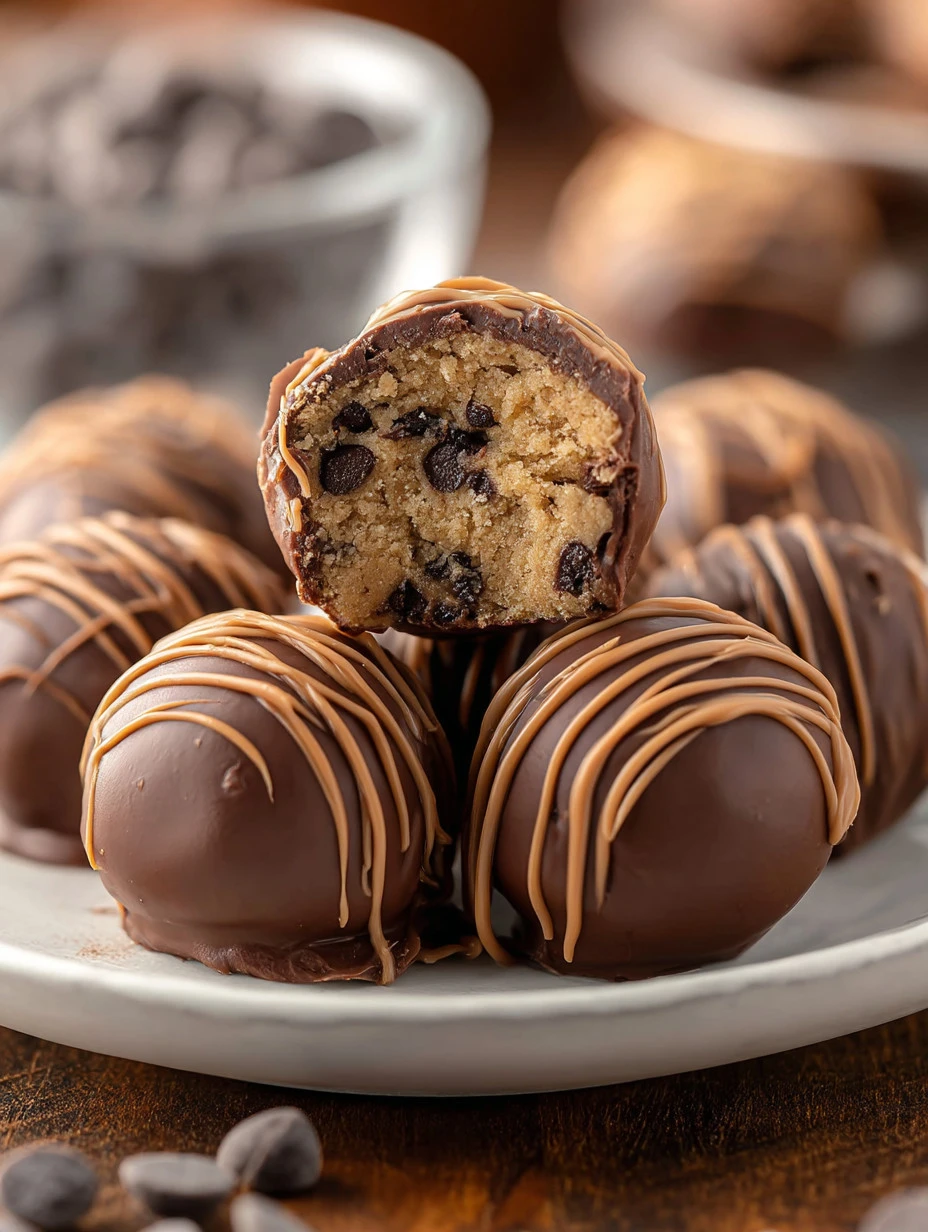 Decadent chocolate chip cookie dough brownie bombs on a plate.